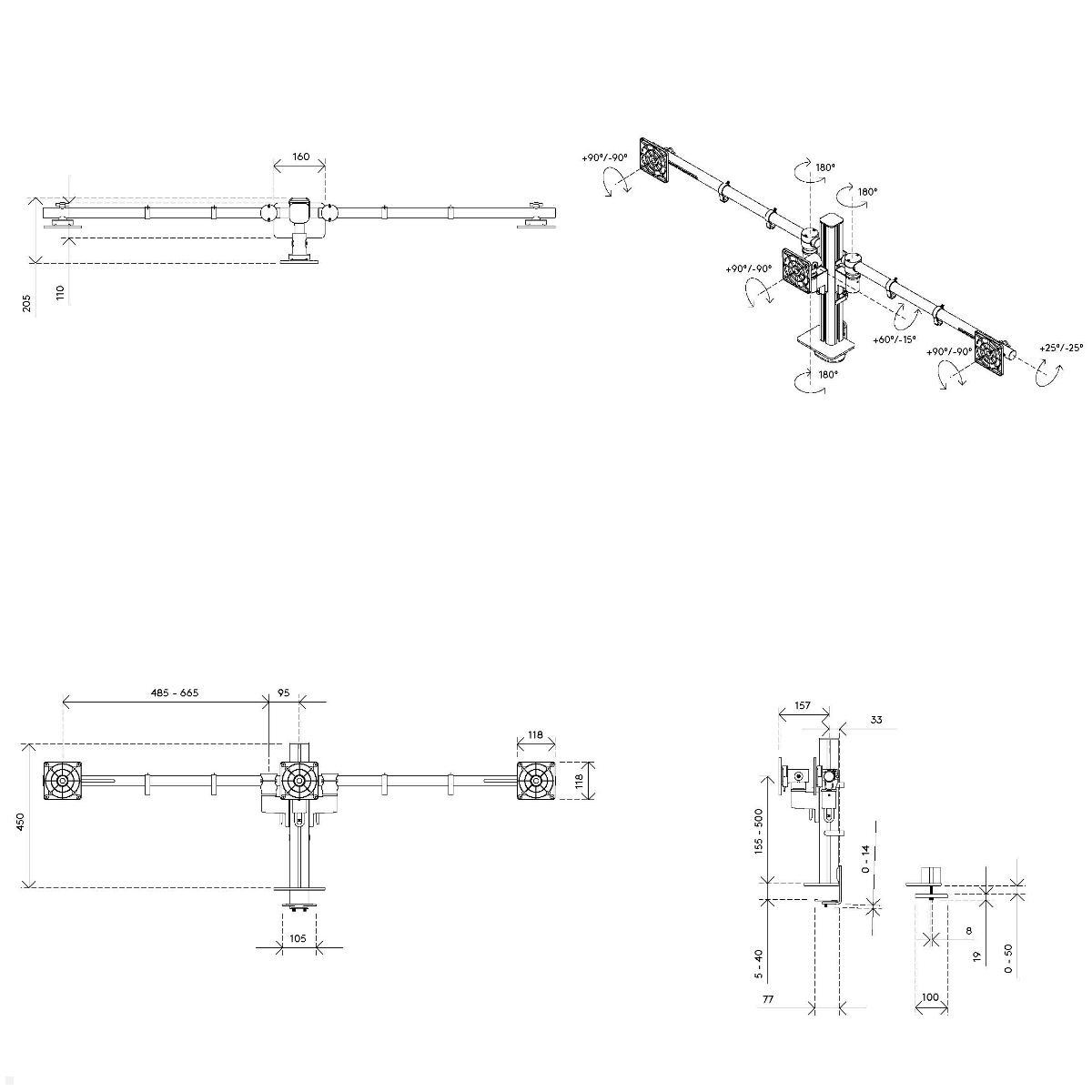 Dataflex Viewgo modular Monitorhalterung für 3 Monitore bis 32 Zoll, Maße