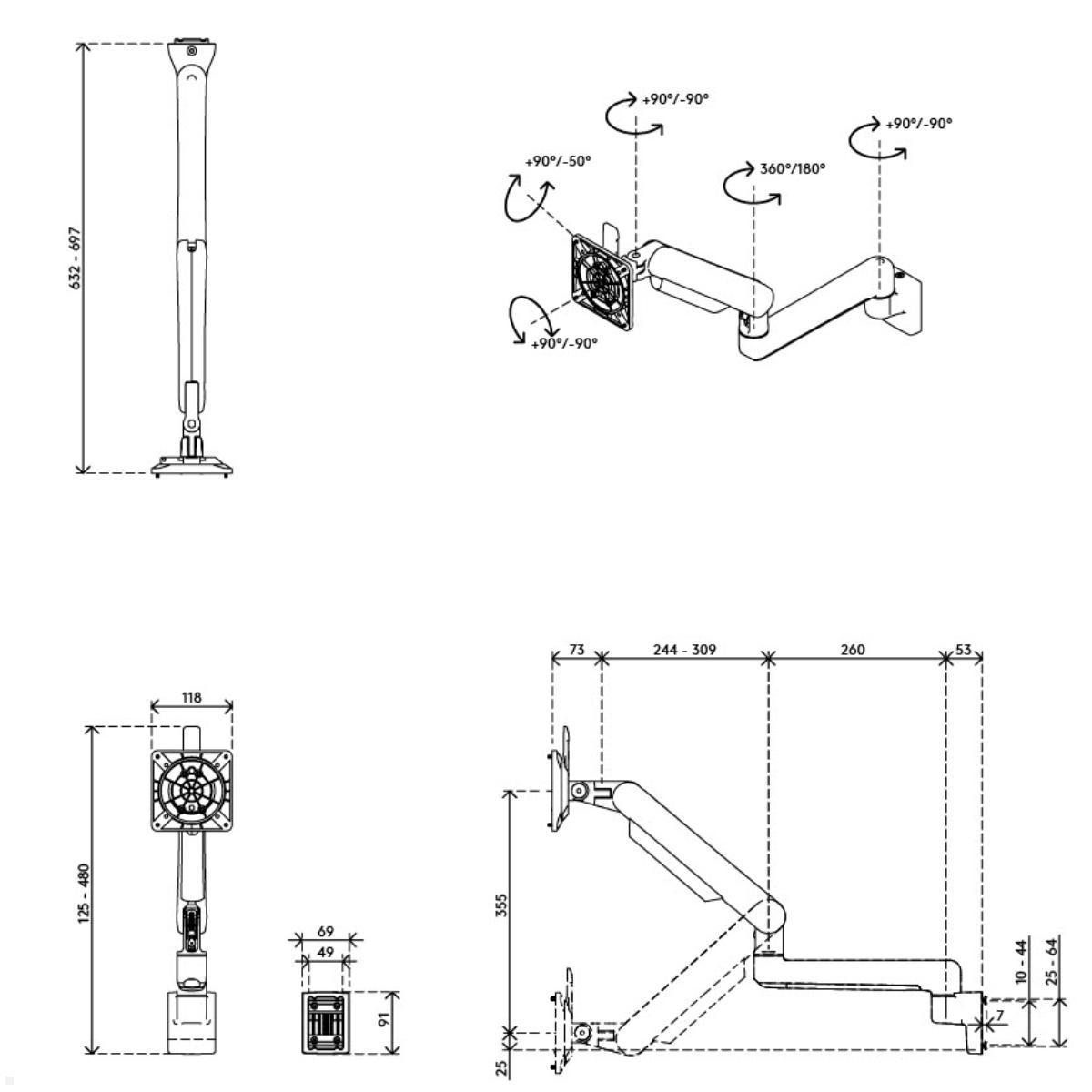 Dataflex Viewprime plus schwenkbare Monitorhalterung für Systemschiene, Maße