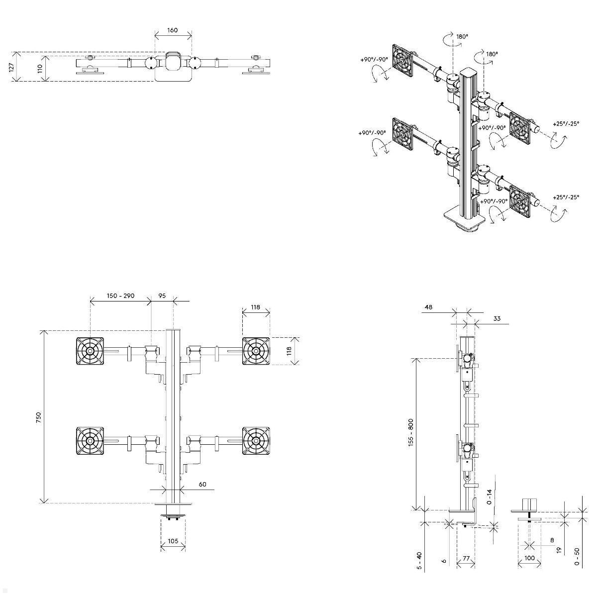 Dataflex Viewgo modular Monitorhalterung für 4 Monitore bis 32 Zoll, Maße