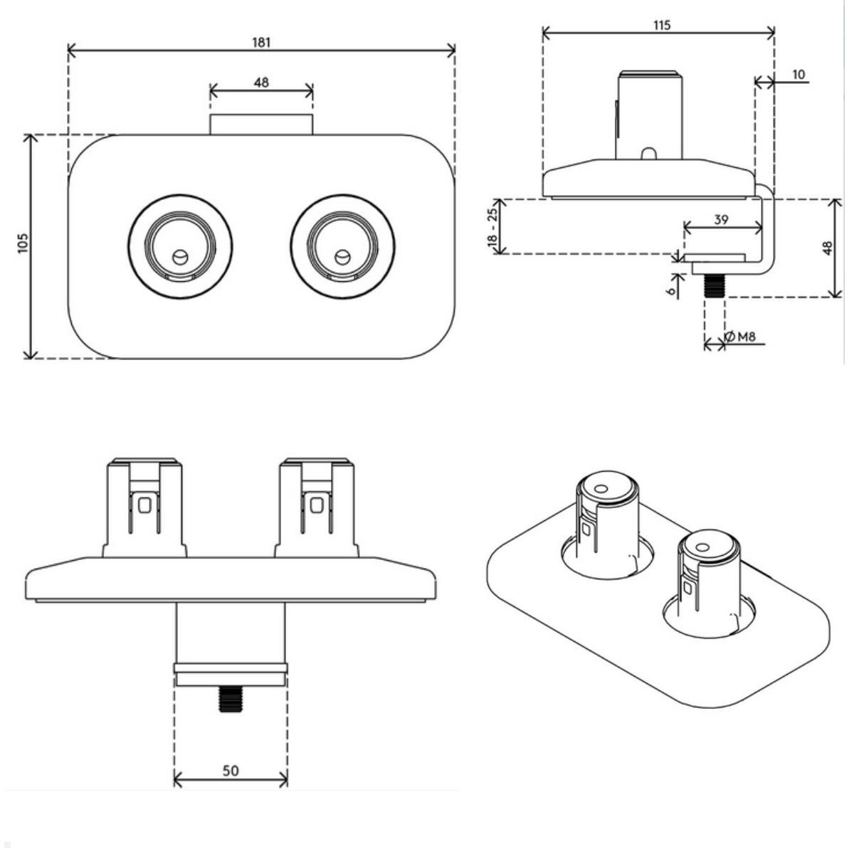 Dataflex Viewprime Dual Monitor Tischhalterung mit Tischklemme, schwarz, Klemme Maße