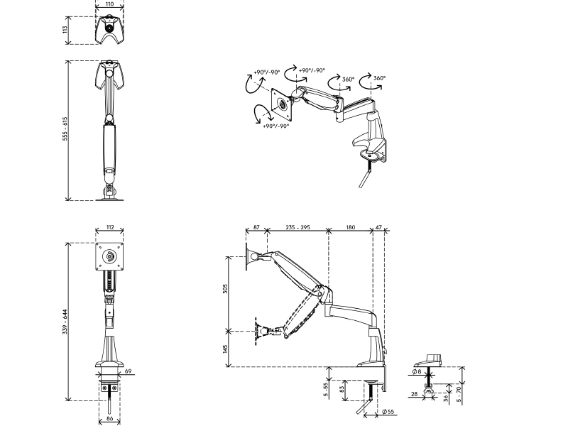 Dataflex 57.152 Viewmaster Schwenkarm Tischhalterung Zeichnung