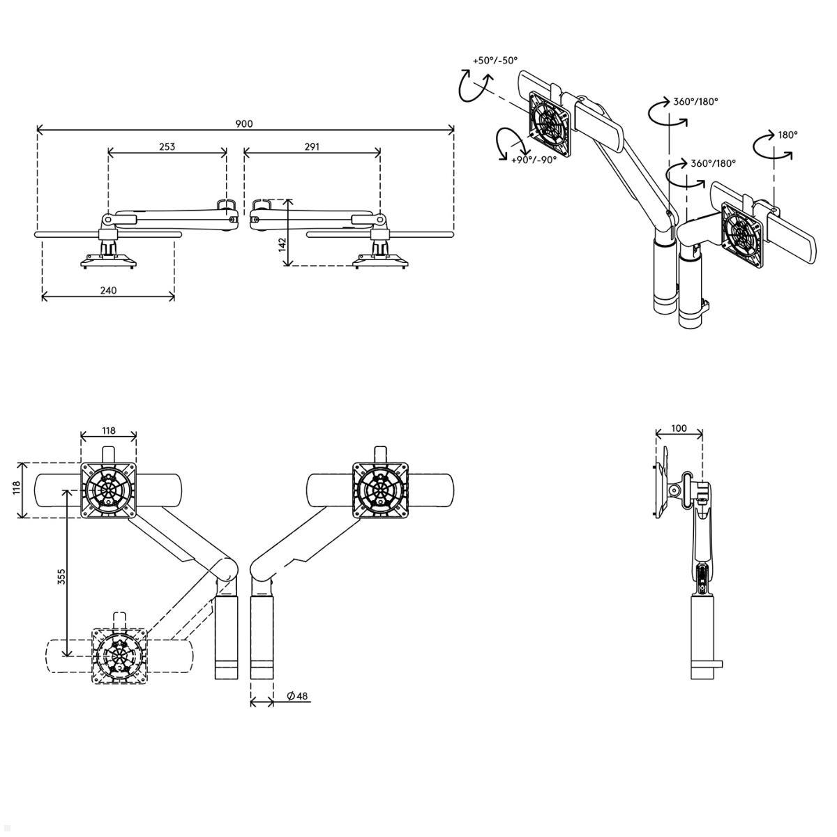 Dataflex Viewprime Dual Monitor Tischhalterung mit Tischklemme, schwarz, Halterung Maße