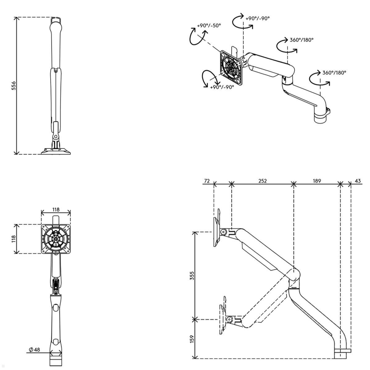 Dataflex Viewprime plus Monitor Tischhalterung mit Tischklemme, weiß, zeichnung Monitorarm